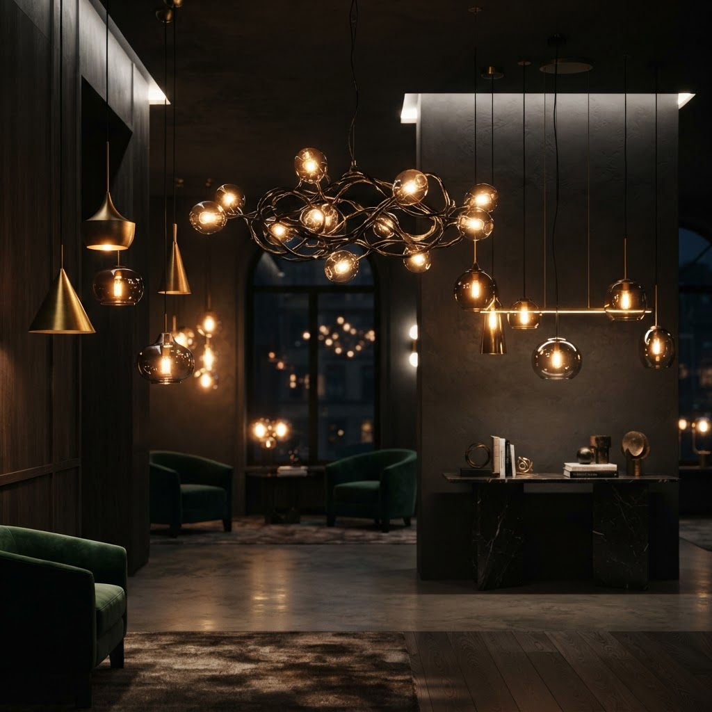 Ambiente sofisticado com luminárias e pendentes de design iluminando uma sala em tons quentes